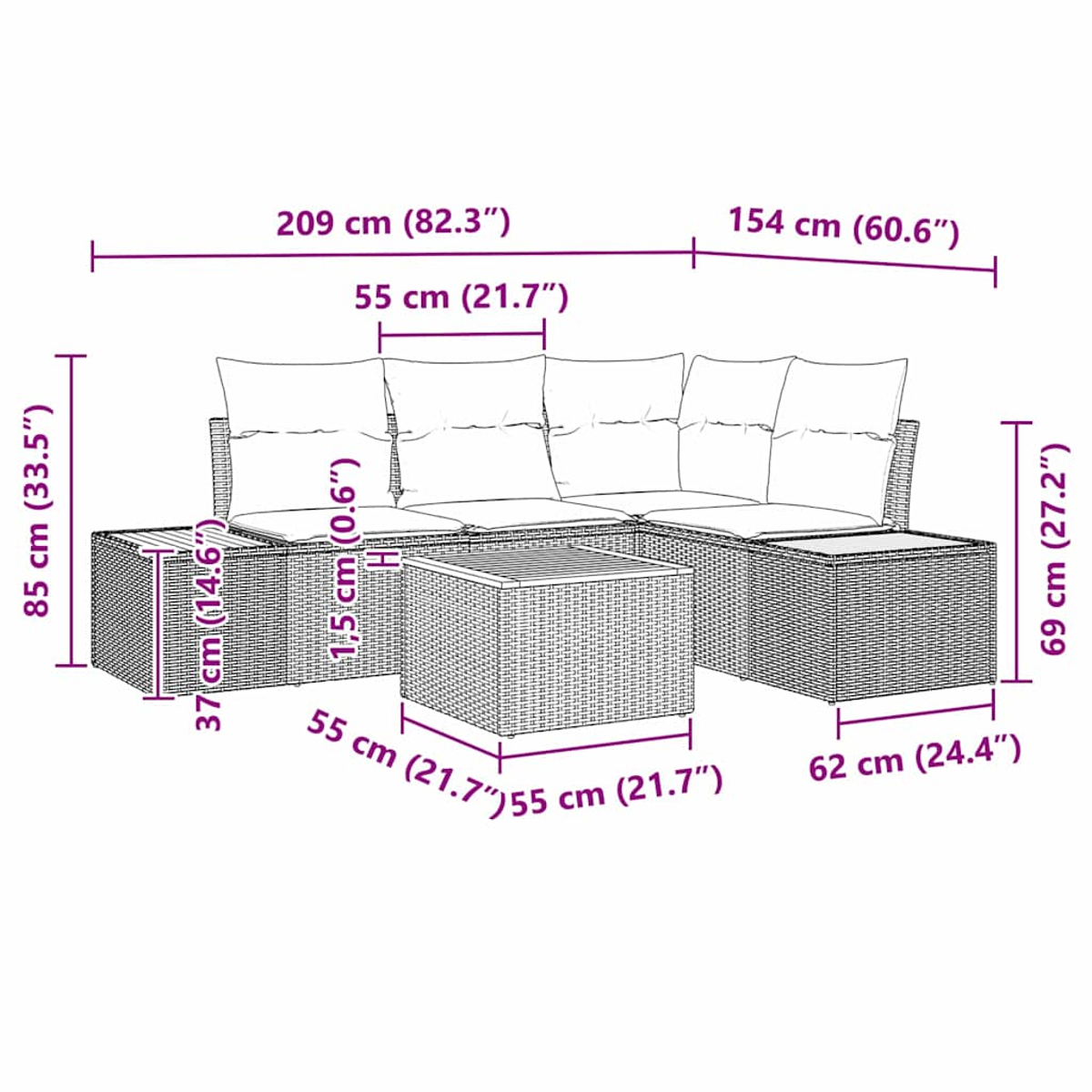Rattan-Outdoor-Sofa mit Couchtisch, Maße in Schwarz.