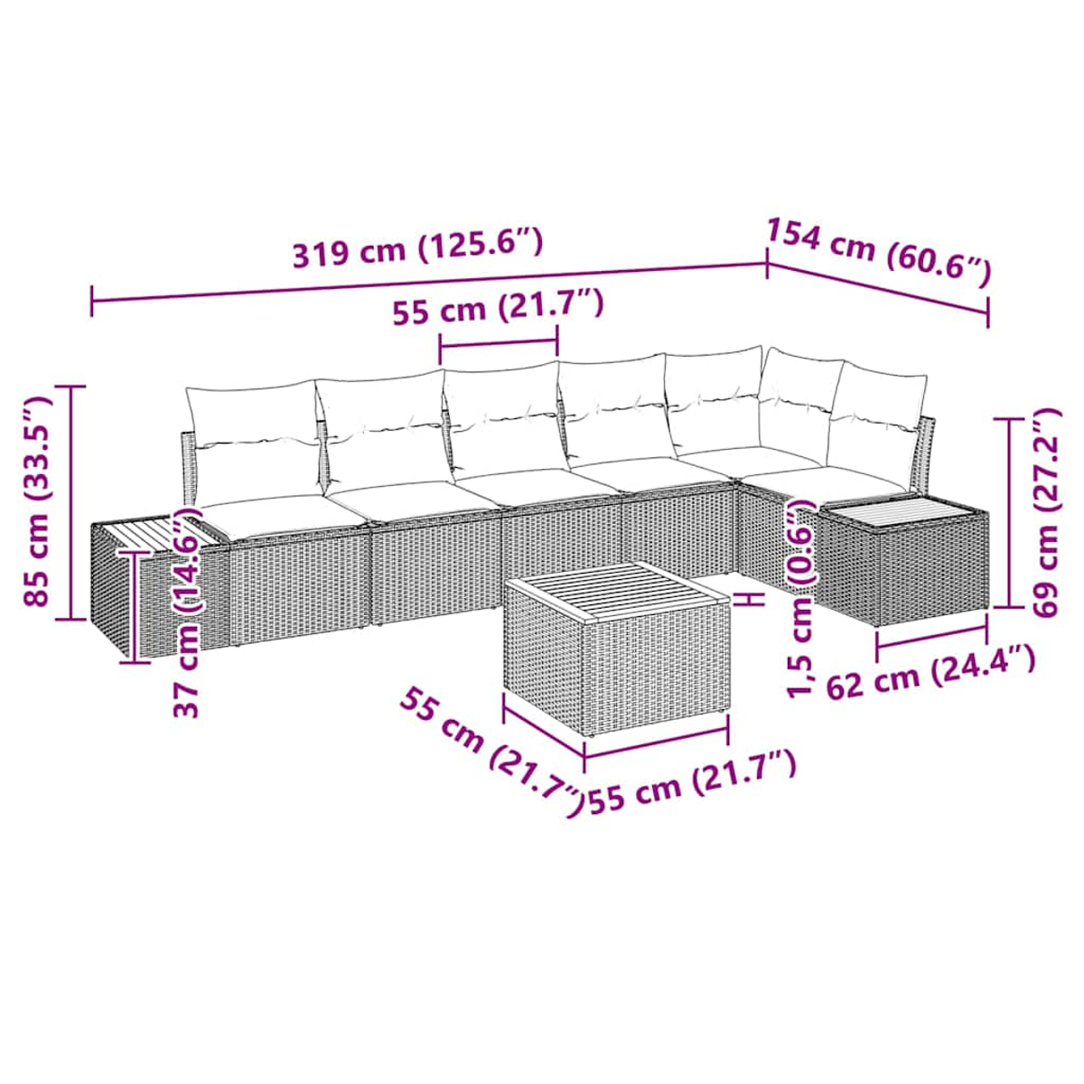 Rattan-Outdoor-Sofagarnitur mit schwarzen Maßen, inkl. Couchtisch.