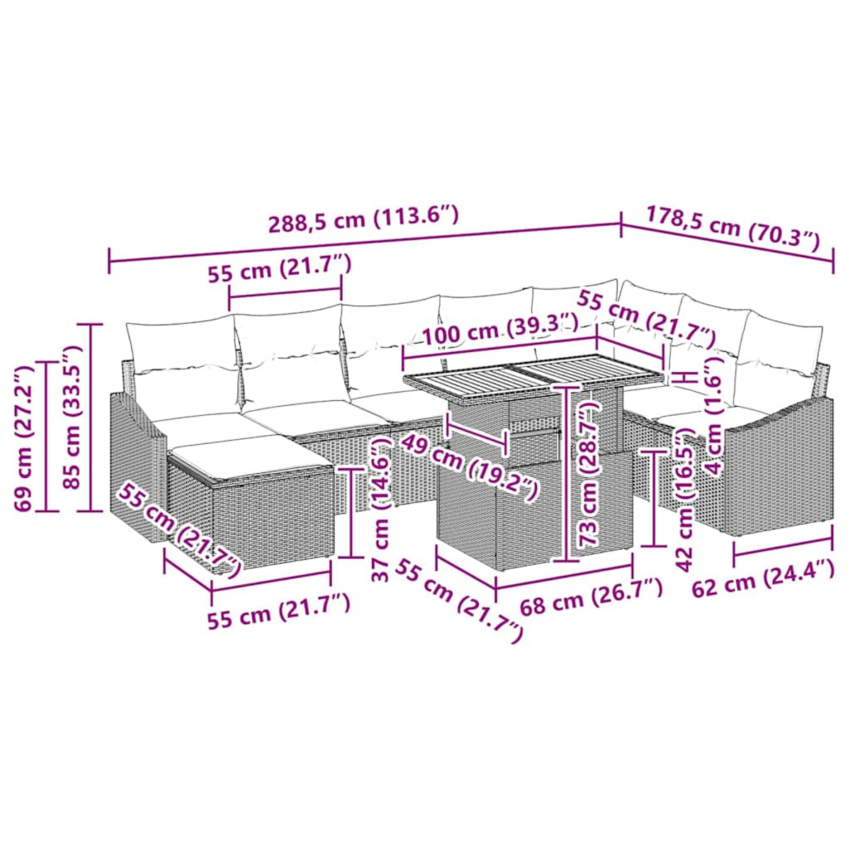 Rattan-Gartenmöbelset mit Sofa und Tisch, Abmessungen in Schwarz.