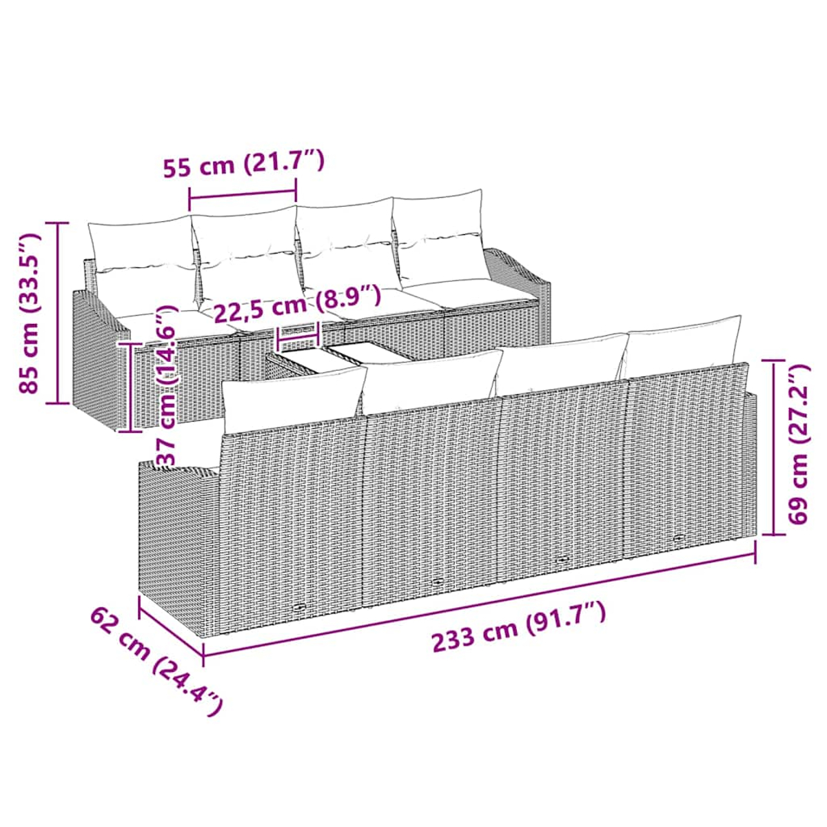 Rattan-Outdoor-Sofagarnitur mit Couchtisch, Maße in Schwarz dargestellt.
