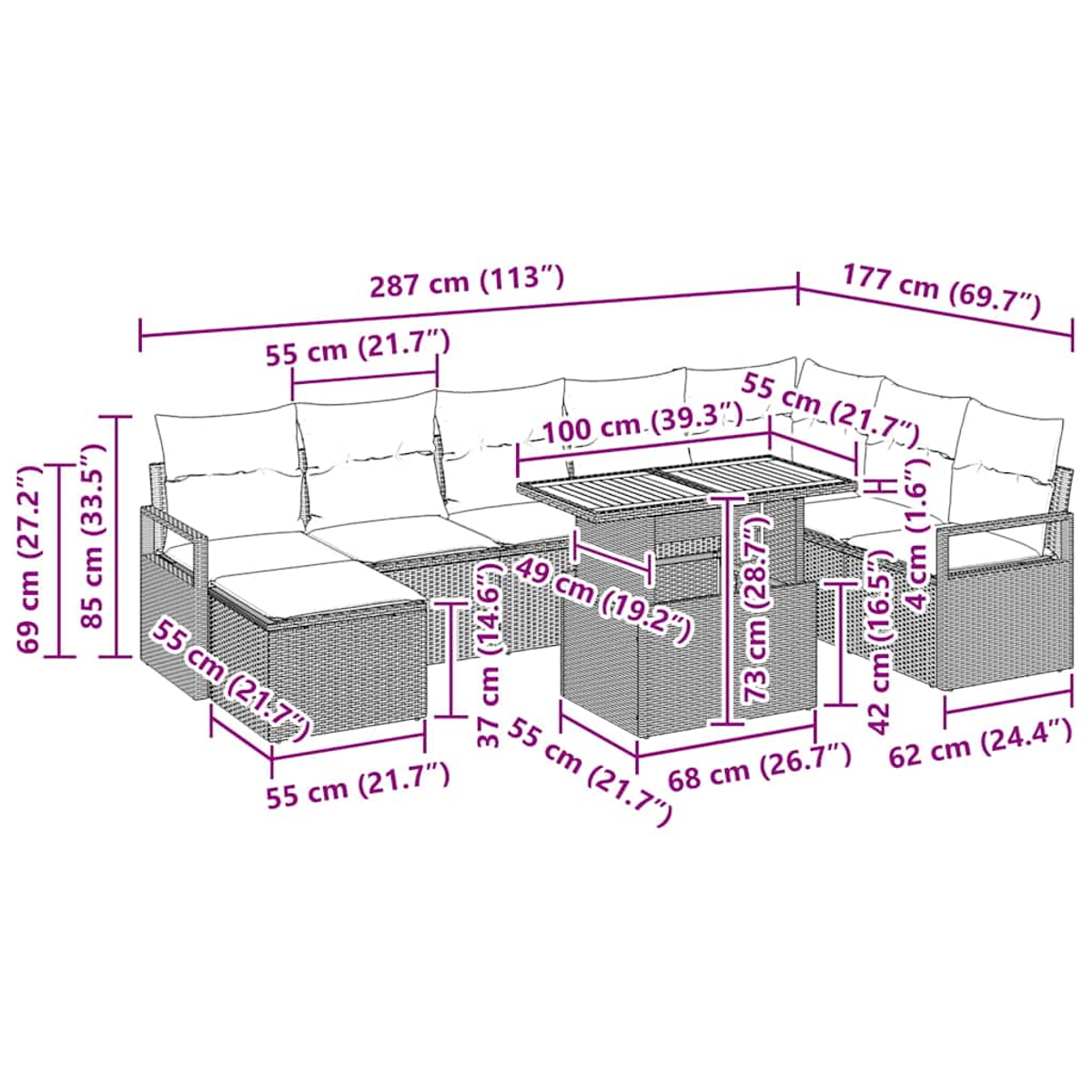 Juego de muebles de ratán para exterior con sofá y mesa, con dimensiones en negro.