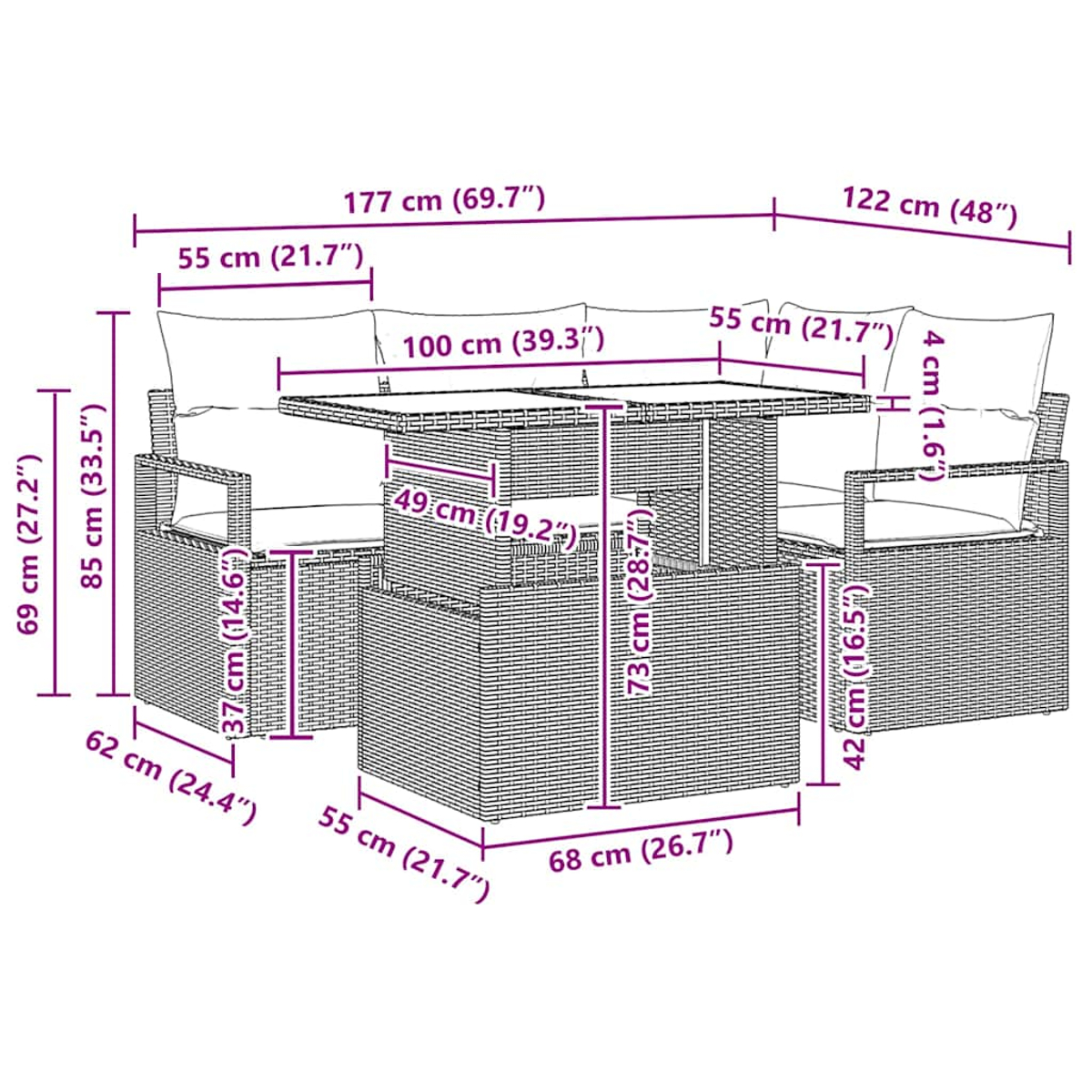 Rattan-Gartenmöbelset mit Sofa und Tisch, Abmessungen in Schwarz.