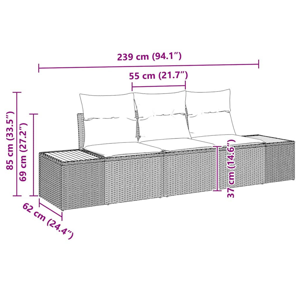 Rattan-Outdoor-Sofa, Maße angezeigt, mit Couchtisch.