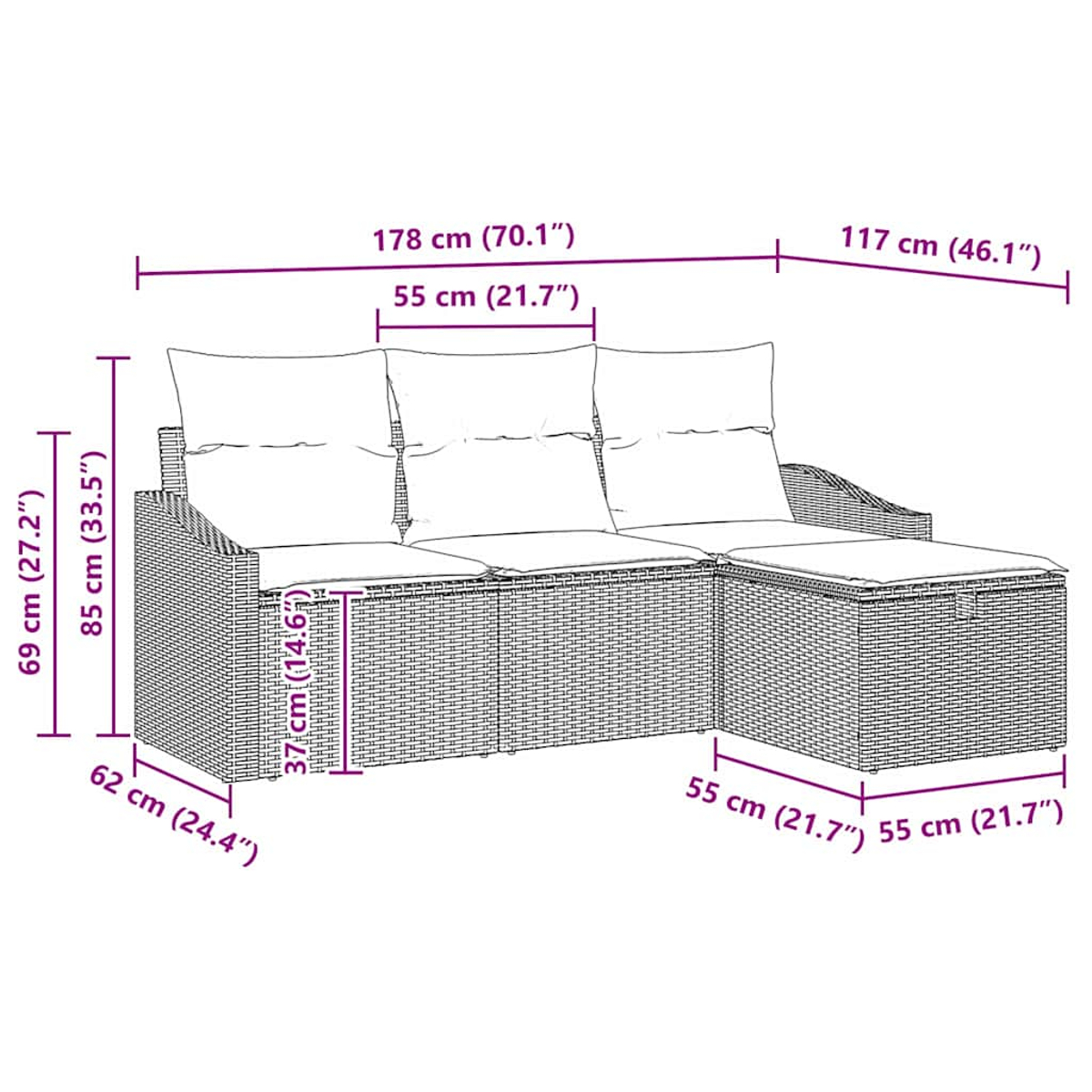 Ein Rattansofa mit angegebenen Abmessungen. Es hat Kissen und eine angebaute Chaiselongue.