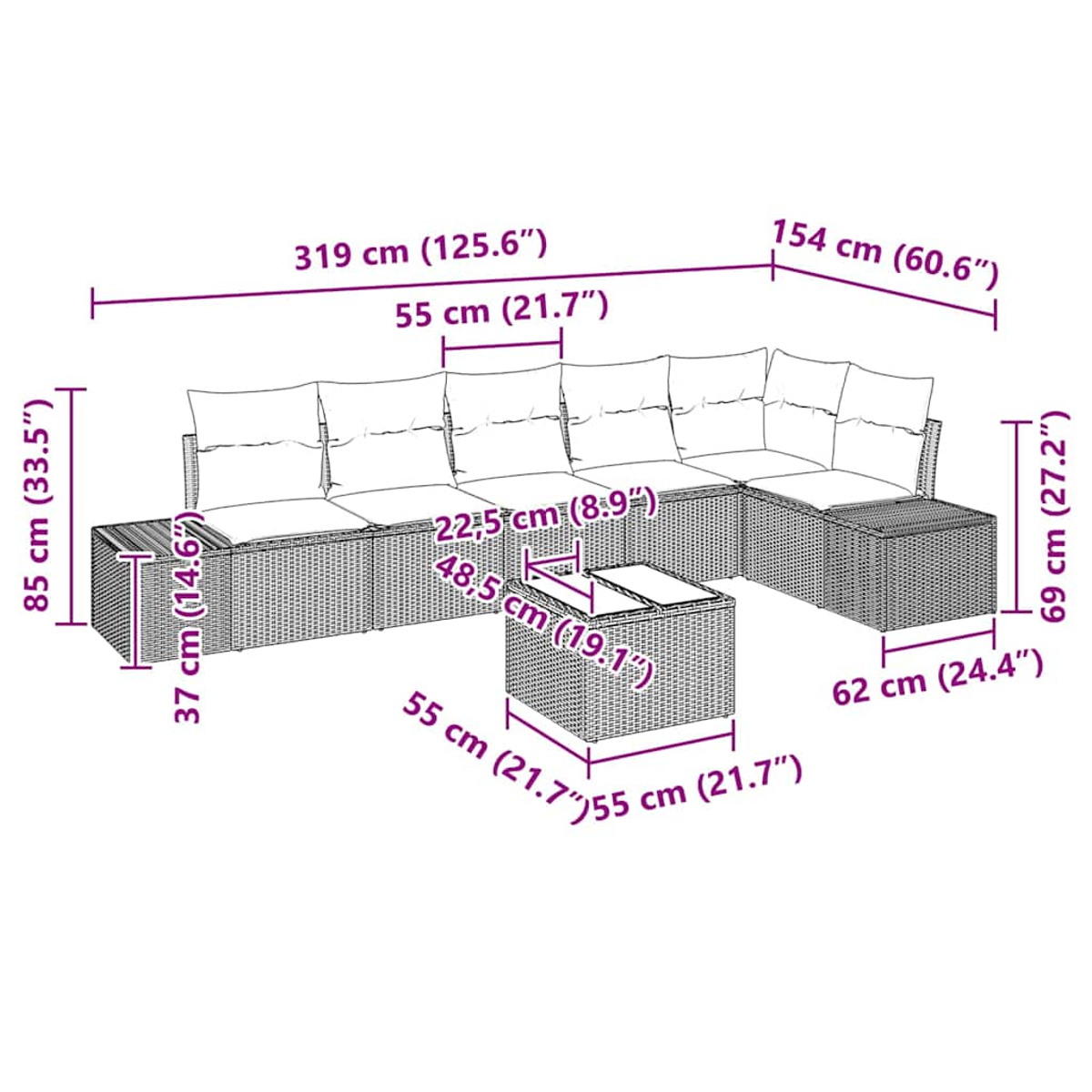 Ein Ecksofa aus Rattan mit einem Tisch in der Mitte. Maße sind im Bild angegeben.