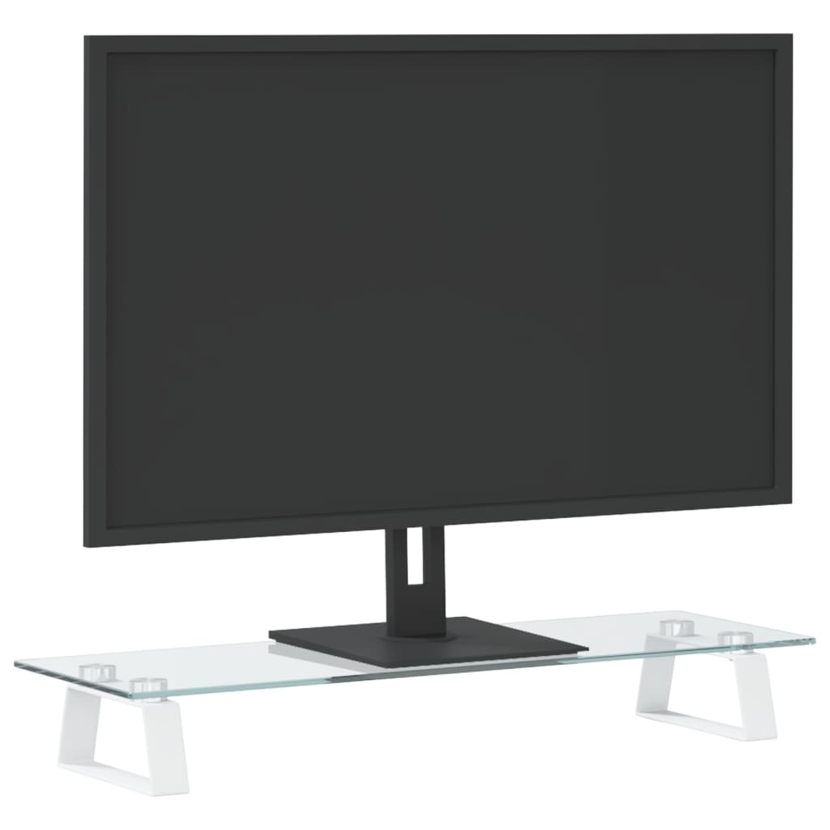 Ein Computermonitor ruht auf einem Glasständer mit weißen Stützen und zeigt einen schwarzen Bildschirm.