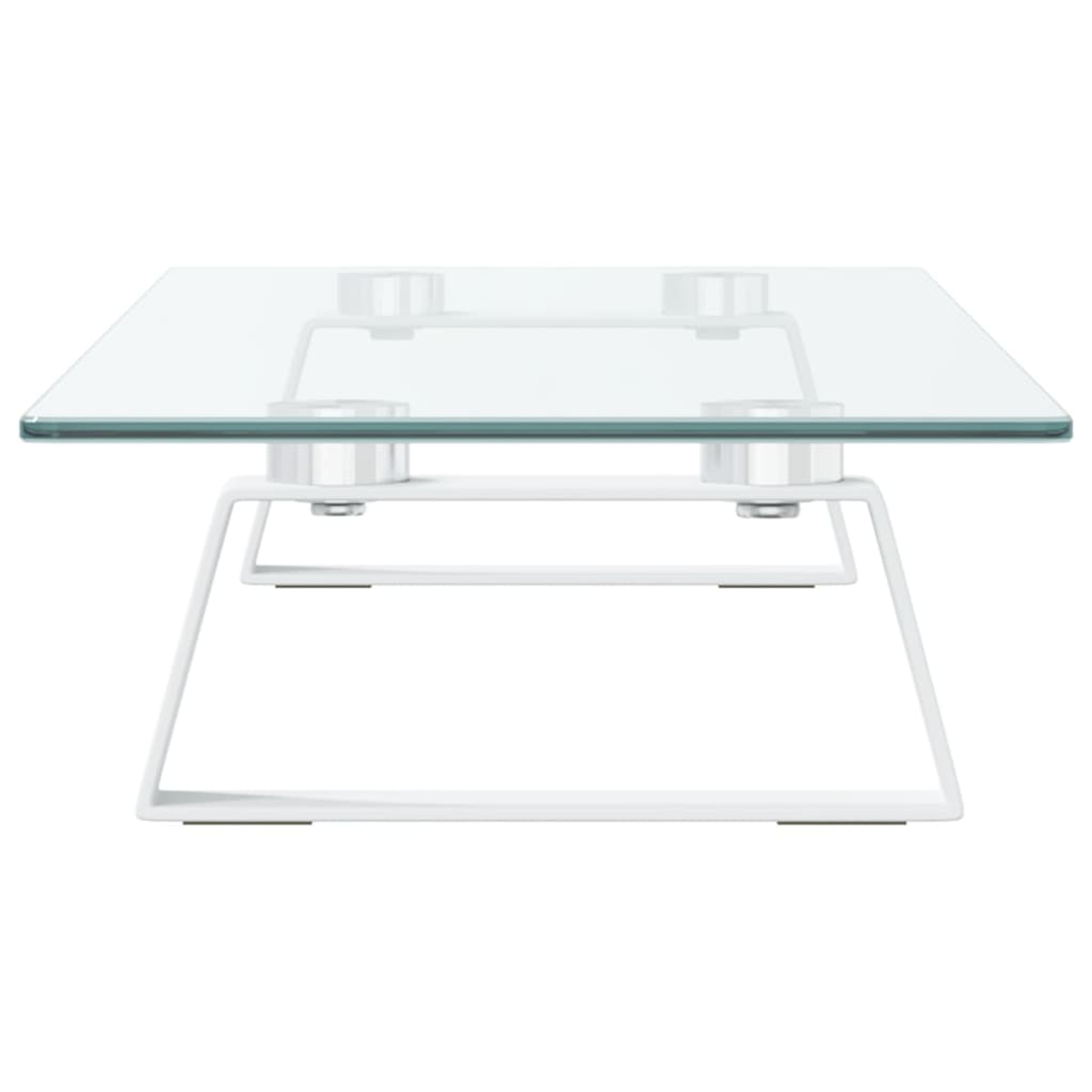 Ein quadratischer Couchtisch mit Glasplatte und weißem Rahmen. Er hat ein schlichtes, modernes Design.