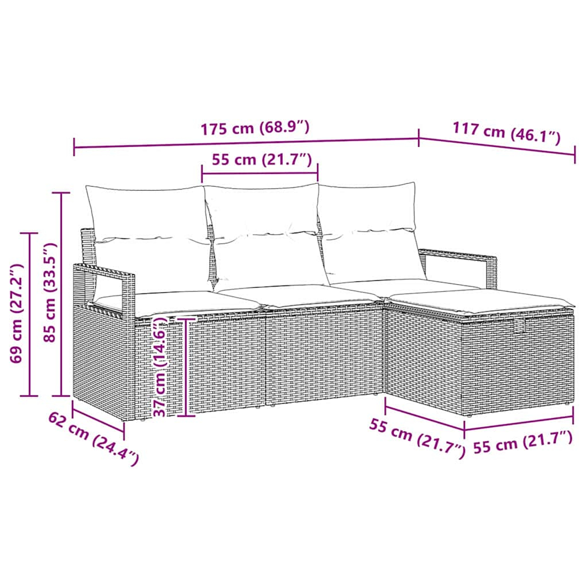 Ein Rattansofa mit angegebenen Abmessungen. Es hat Kissen und eine angebaute Chaiselongue.
