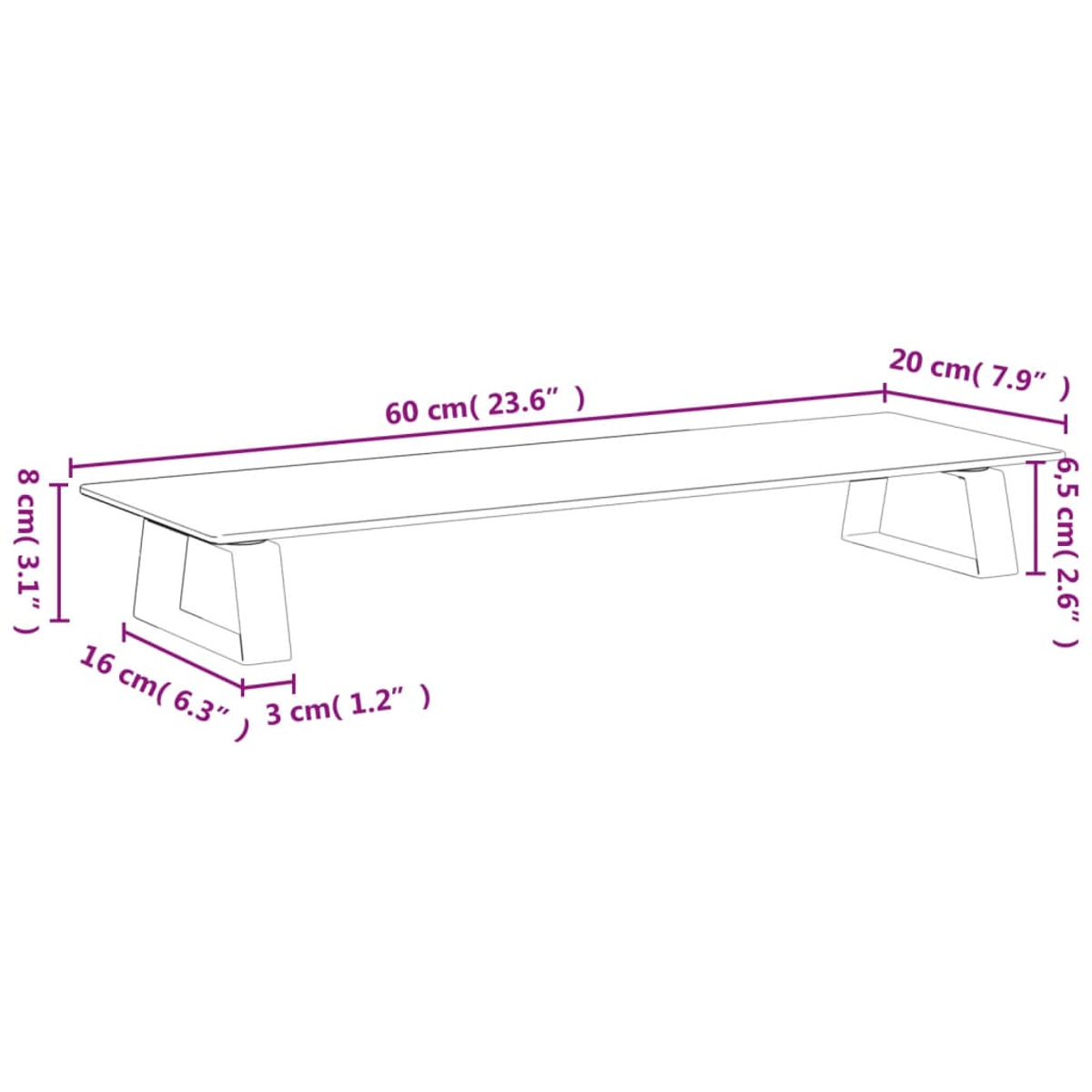 Ein langer, rechteckiger Schreibtisch mit heller Holzoptik, getragen von zwei angewinkelten Beinen. Maße angegeben.