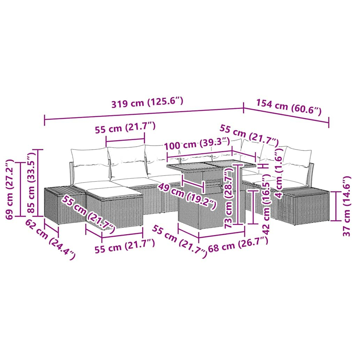 Ein Rattansofa-Set mit Tisch und Kissen. Maße sind angegeben. Weißer Hintergrund.