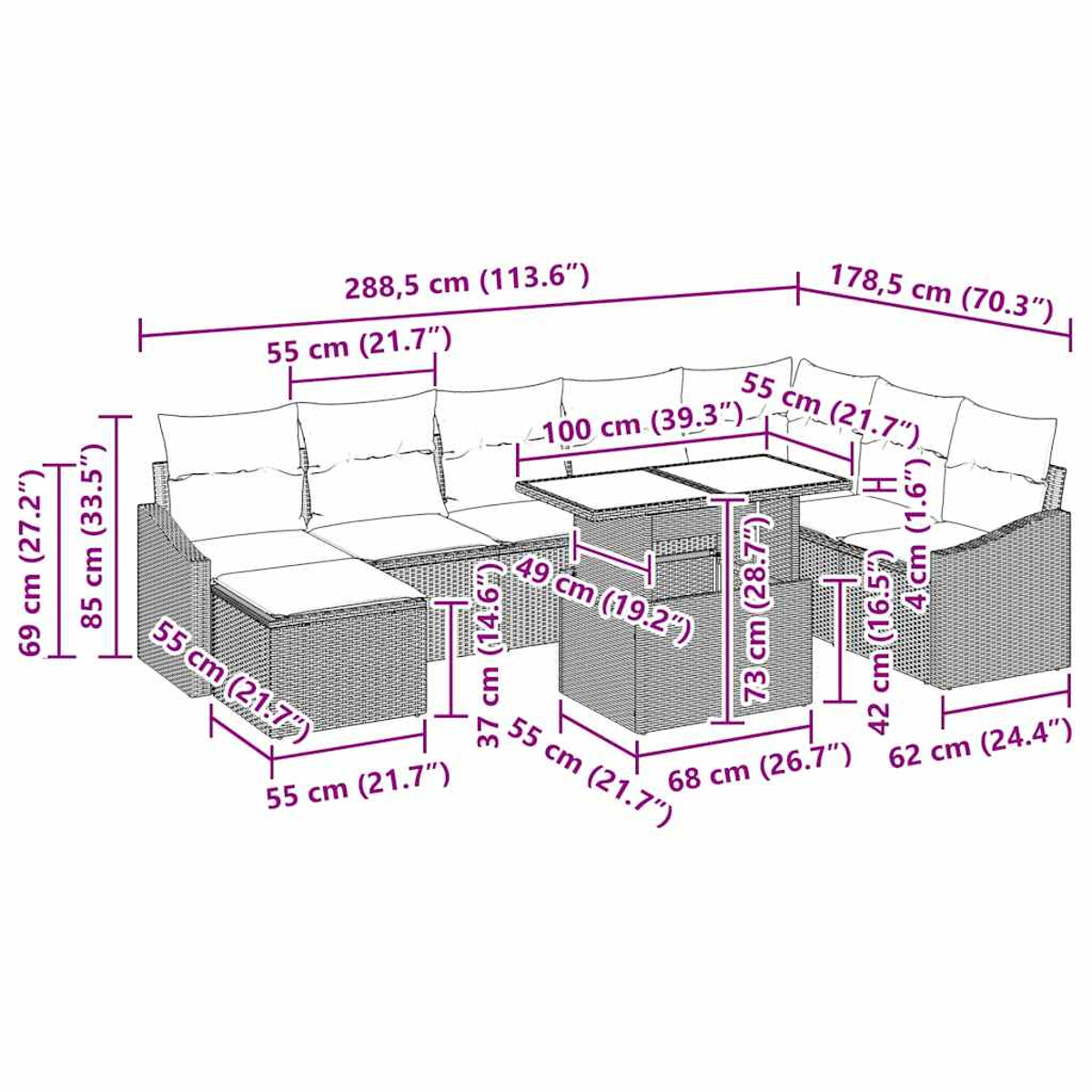 Geflochtenes Gartenmöbel-Set, Maße beschriftet. Enthält Ecksofa, Tisch und Stuhl. Weißer Hintergrund.