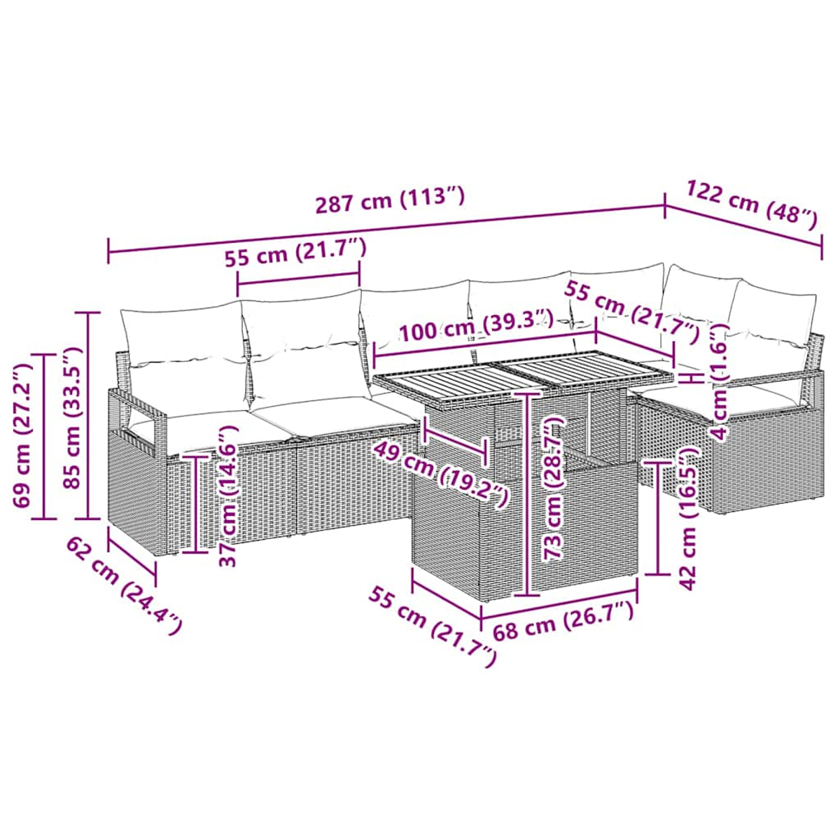 Ein Wickersitzgruppe mit Tisch und zwei Sofas, Abmessungen in cm und Zoll angegeben.