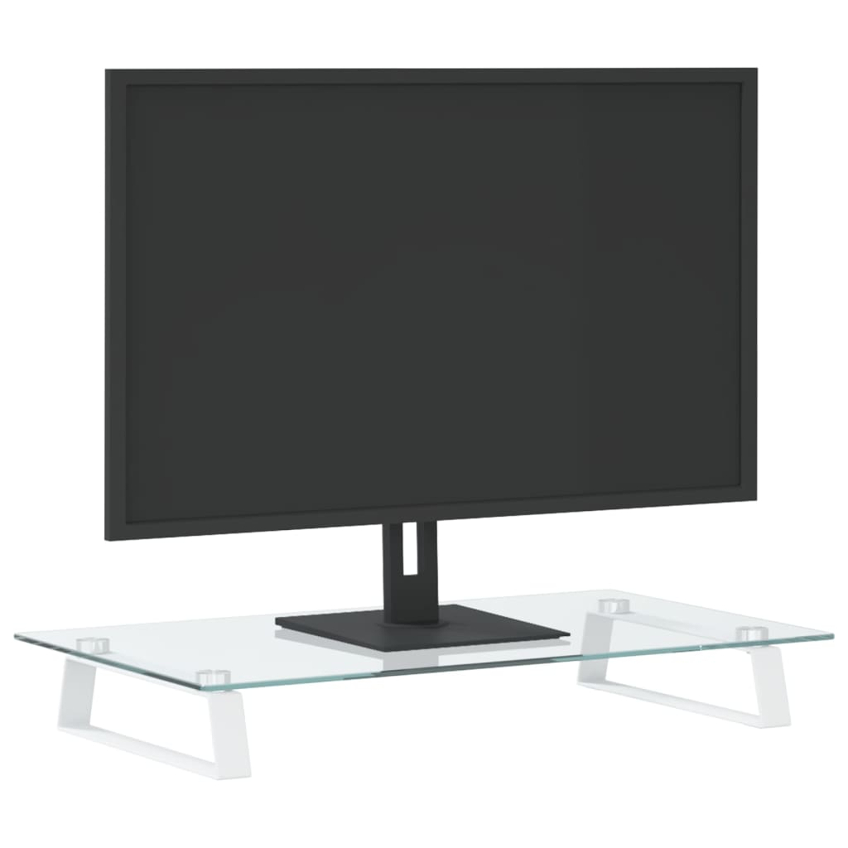 Ein Computermonitor ruht auf einem Glasständer mit weißen Stützen und zeigt einen schwarzen Bildschirm.