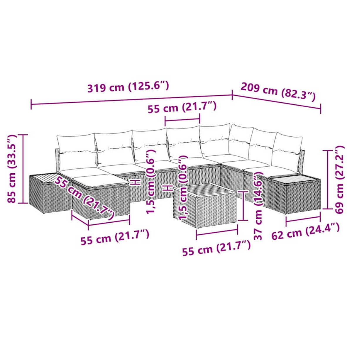 Geflochtenes Gartenmöbel-Set mit beschrifteten Maßen. Enthält ein Ecksofa, einen Couchtisch und einen Beistelltisch. Weiß.