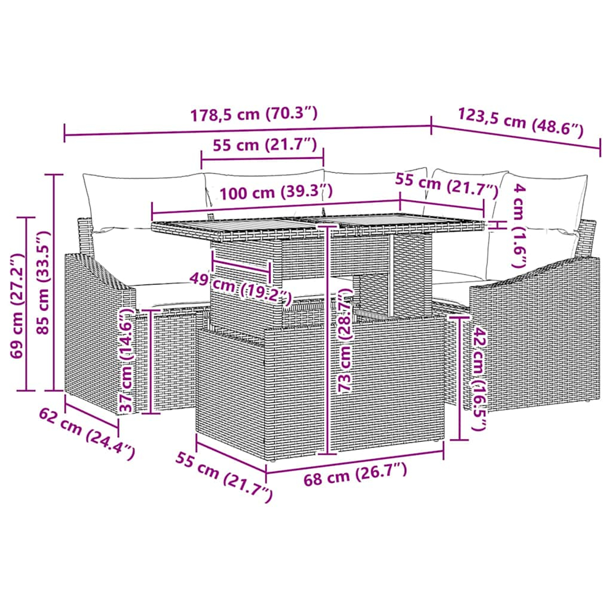 Ein Diagramm eines Outdoor-Sofasets und -Tisches aus Korbgeflecht mit Abmessungen.