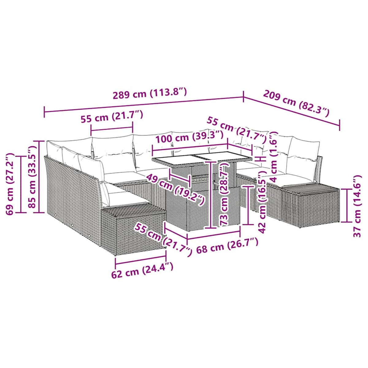 Ein Diagramm eines Outdoor-Sofasets und -Tisches aus Korbgeflecht mit Abmessungen.