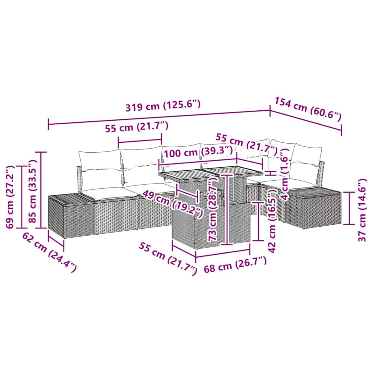 Ein Diagramm eines Outdoor-Sofasets und -Tisches aus Korbgeflecht mit Abmessungen.