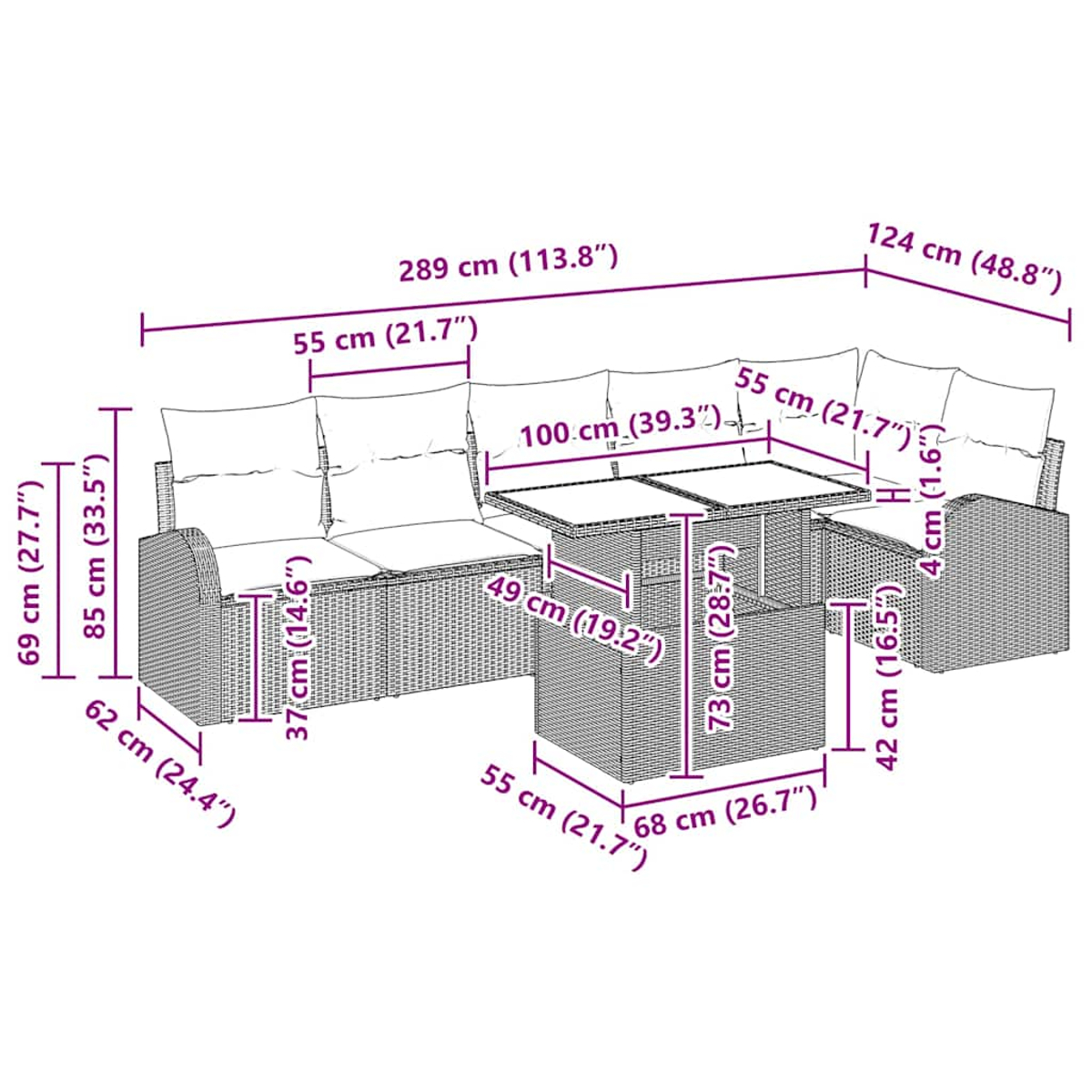 Outdoor-Rattan-Sofagarnitur mit Tisch. Enthält Sofa, Tisch und Maße.