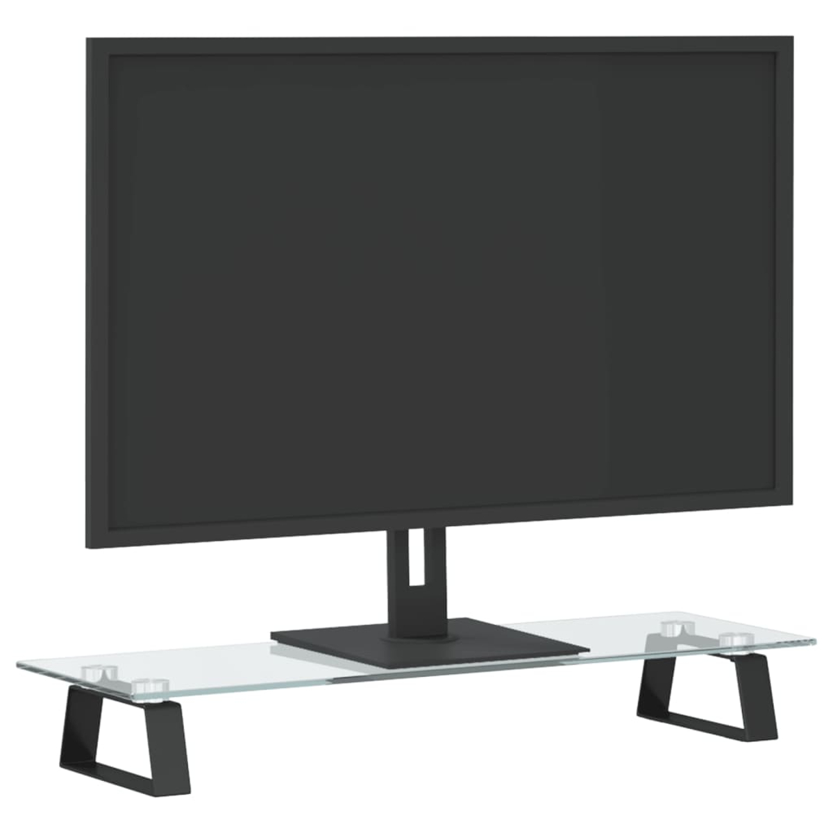 Ein schwarzer Computermonitor auf einem Glasständer mit schwarzen Beinen.