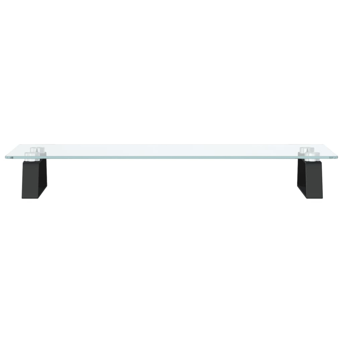 Ein Monitorständer aus Glas mit schwarzen Metallbeinen auf weißem Hintergrund.
