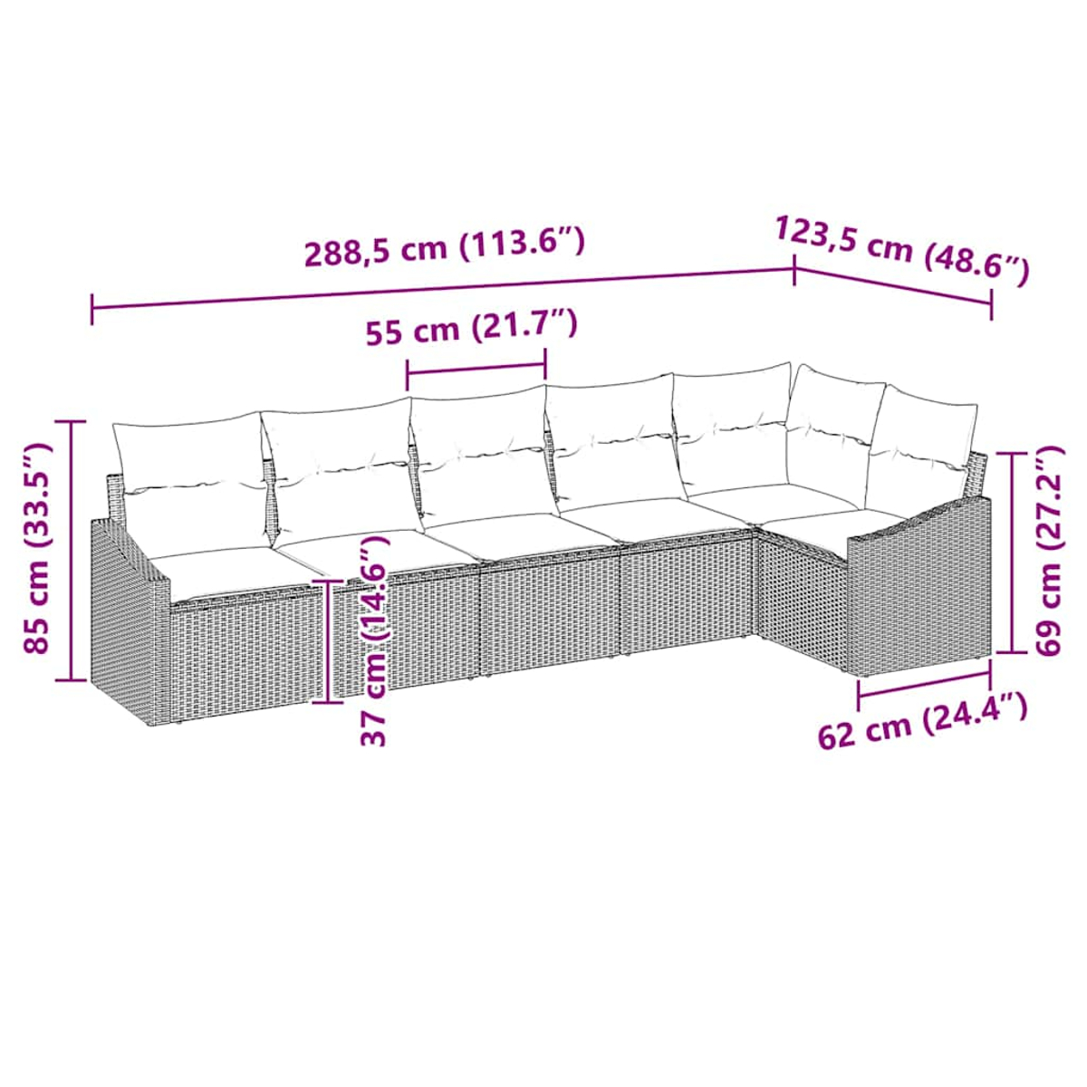 Ein Diagramm eines Outdoor-Sofasets und -Tisches aus Korbgeflecht mit Abmessungen.