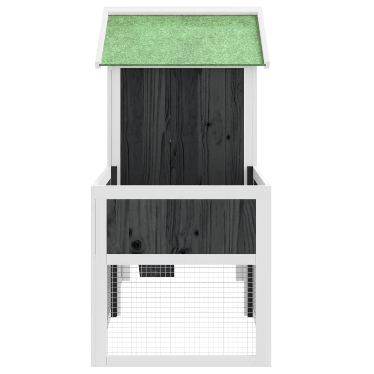 Vorderansicht eines weiß-grauen Hühnerstalls aus Holz mit grünem Dach.