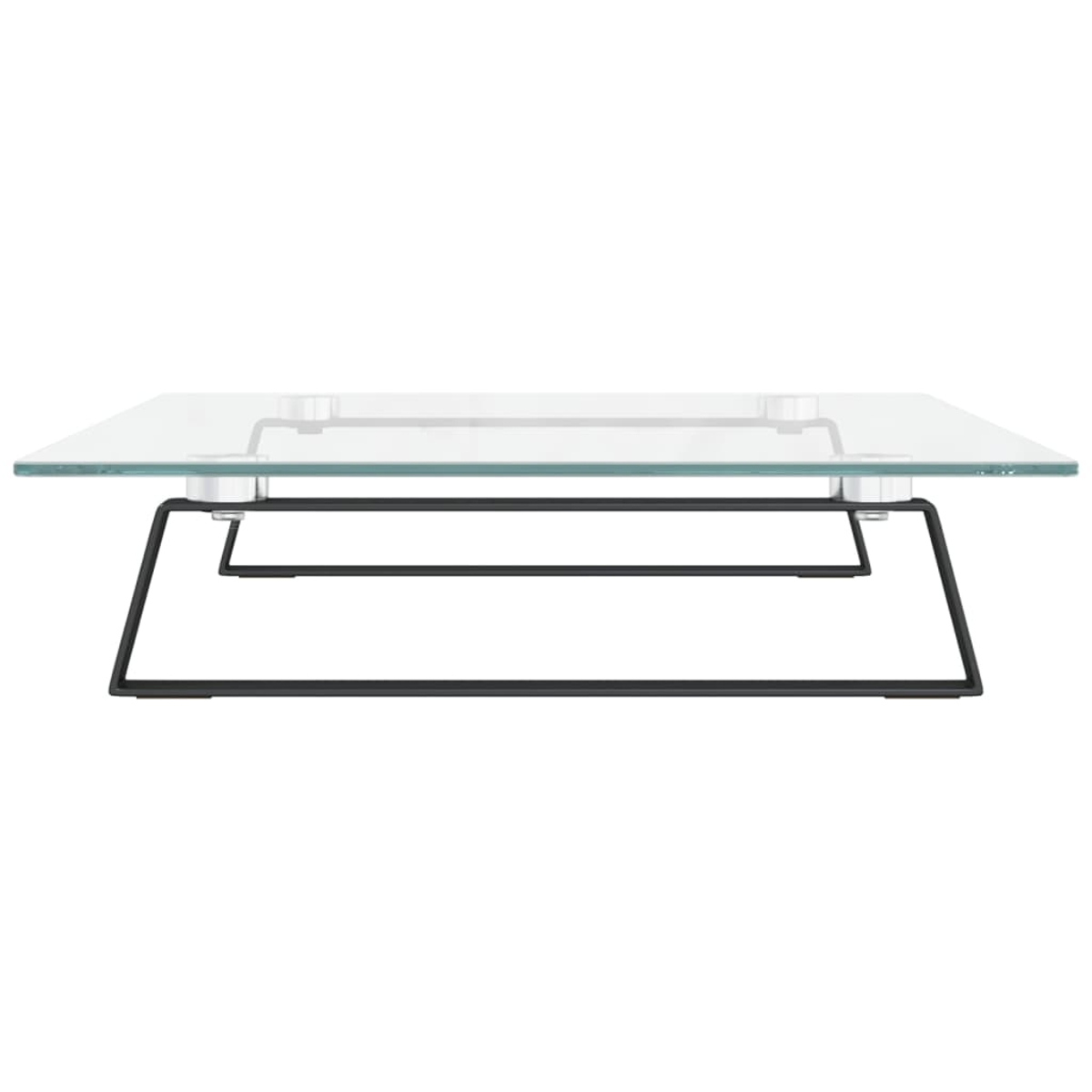 Ein quadratischer Glastisch mit schwarzen Metallbeinen. Von der Seite betrachtet.