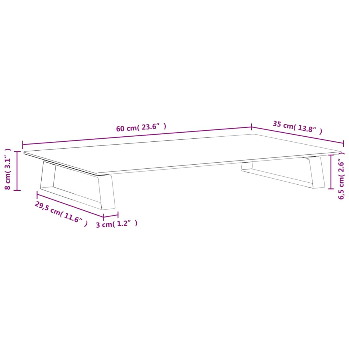 Diagramm eines rechteckigen Couchtisches mit Maßen.