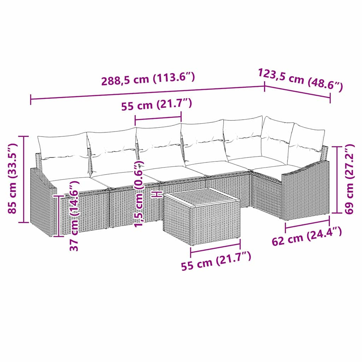 Diagramm eines Korbmöbel-Sets, Abmessungen sind beschriftet.
