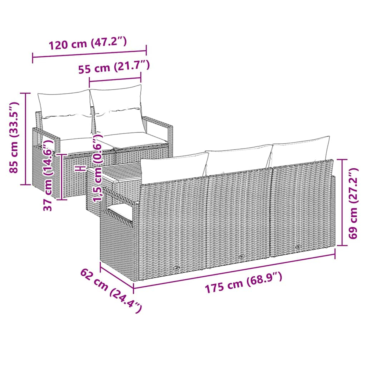 Diagramm eines Korbmöbelsets mit Maßen.