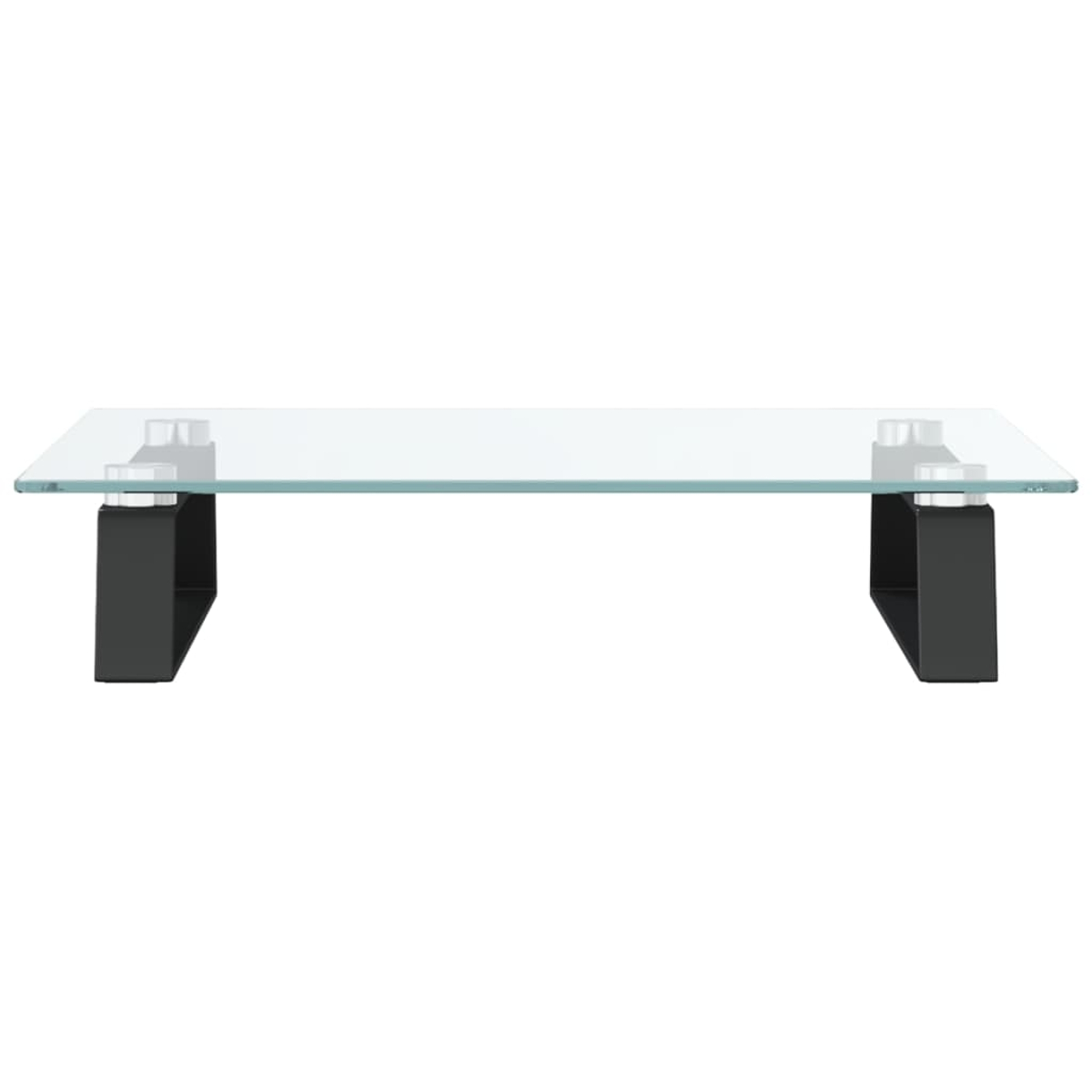Ein Glastisch mit schwarzen Beinen. Der Tisch steht auf weißem Hintergrund.