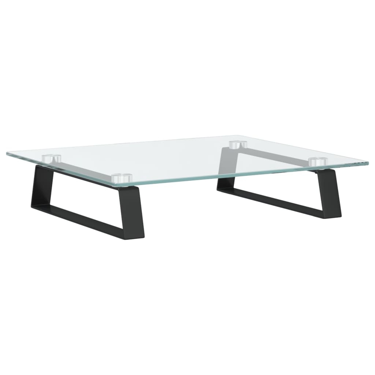 Ein Glastisch mit schwarzen Metallbeinen. Der Tisch steht auf weißem Hintergrund.