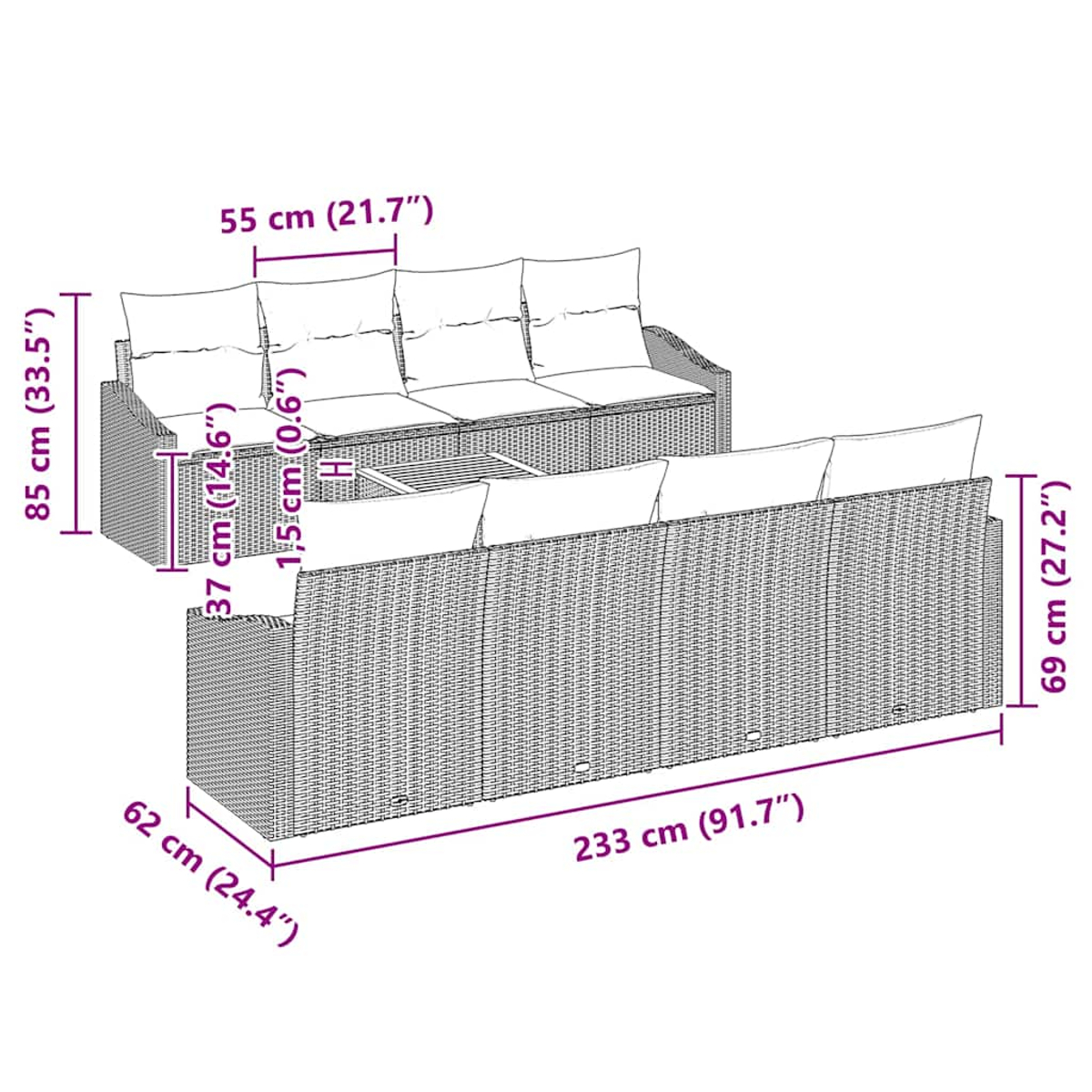 Diagramm eines Korbmöbelsets mit Maßen.