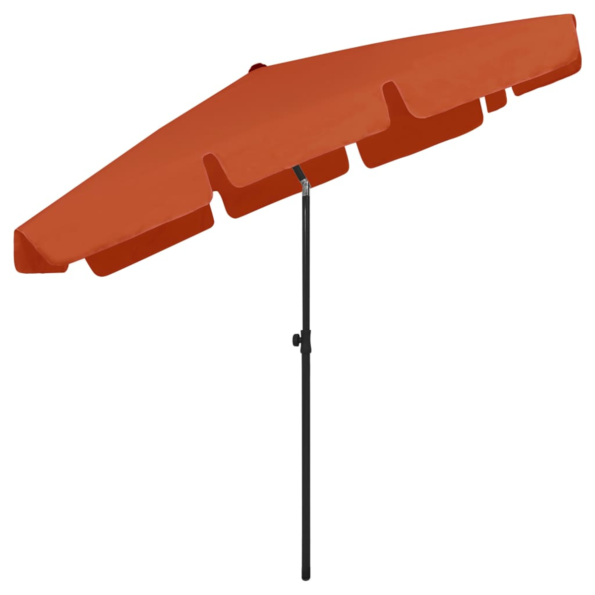 Ein orangefarbener rechteckiger Schirm mit schwarzem Mast, für Schatten vor weißem Hintergrund.