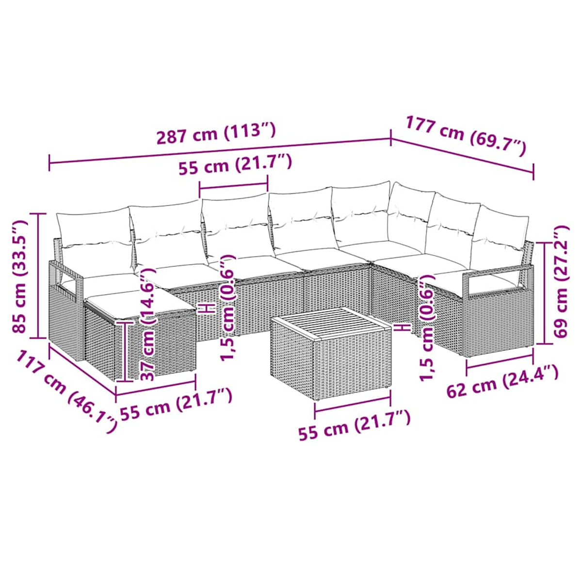 Geflochtenes Outdoor-Sofa mit Maßangaben, einschließlich eines Couchtisches.