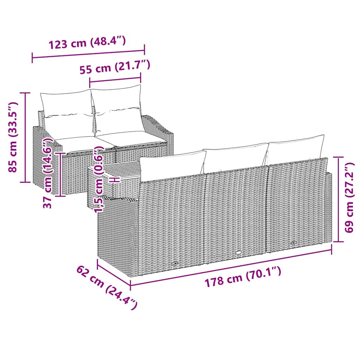Geflochtenes Outdoor-Sitzset mit Maßen, einschließlich einer Doppelsitzbank und einem Sofa.