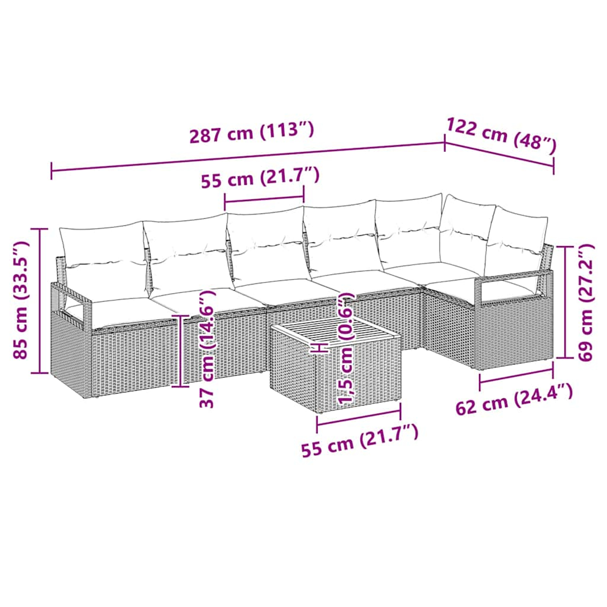 Diagramm eines Korbmöbel-Sets mit Tisch, Abmessungen sind beschriftet.