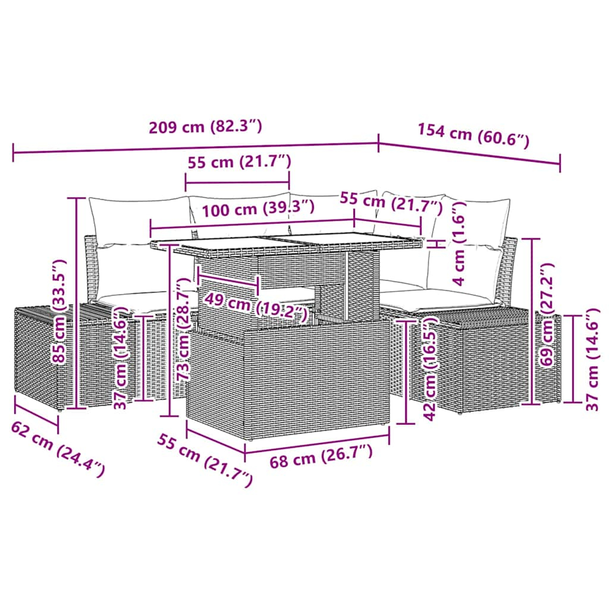 Diagramm eines Korbmöbel-Sets mit Tisch, Abmessungen sind beschriftet.