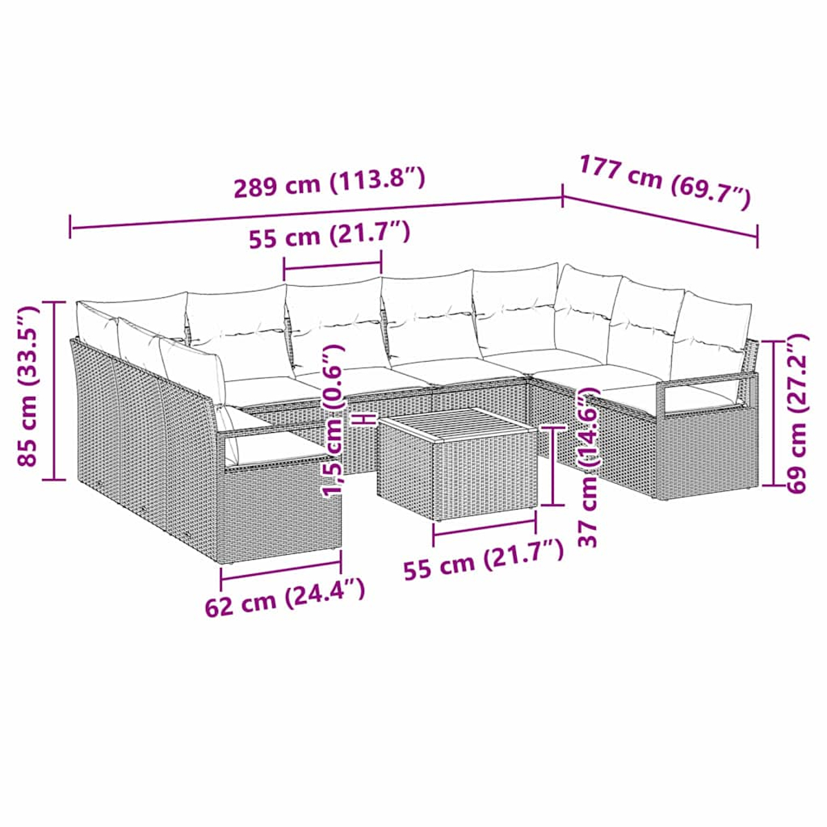 Diagramm eines Korbmöbel-Sets, Abmessungen sind beschriftet.