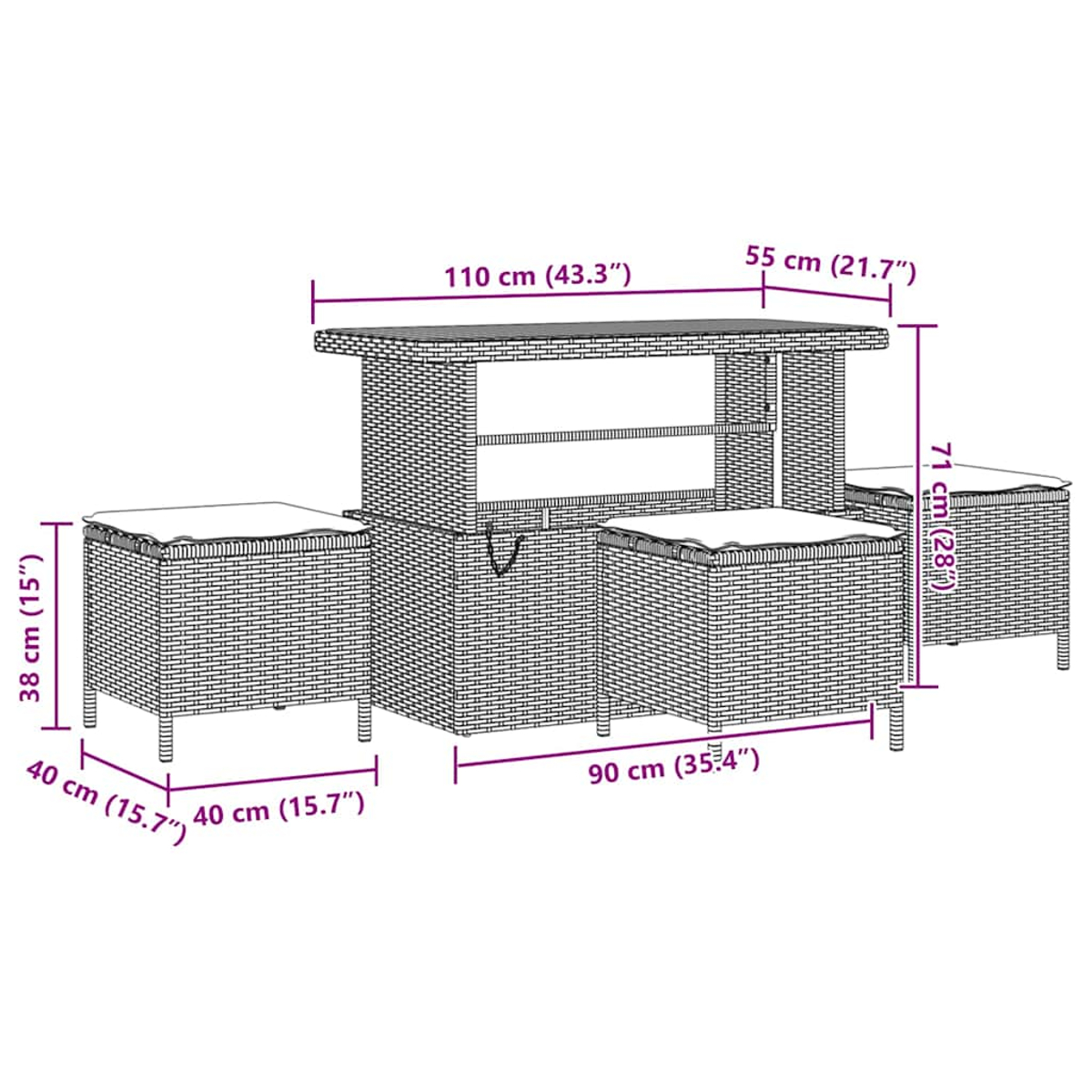 Diagramma di un set tavolo e sgabelli in vimini, con dimensioni.