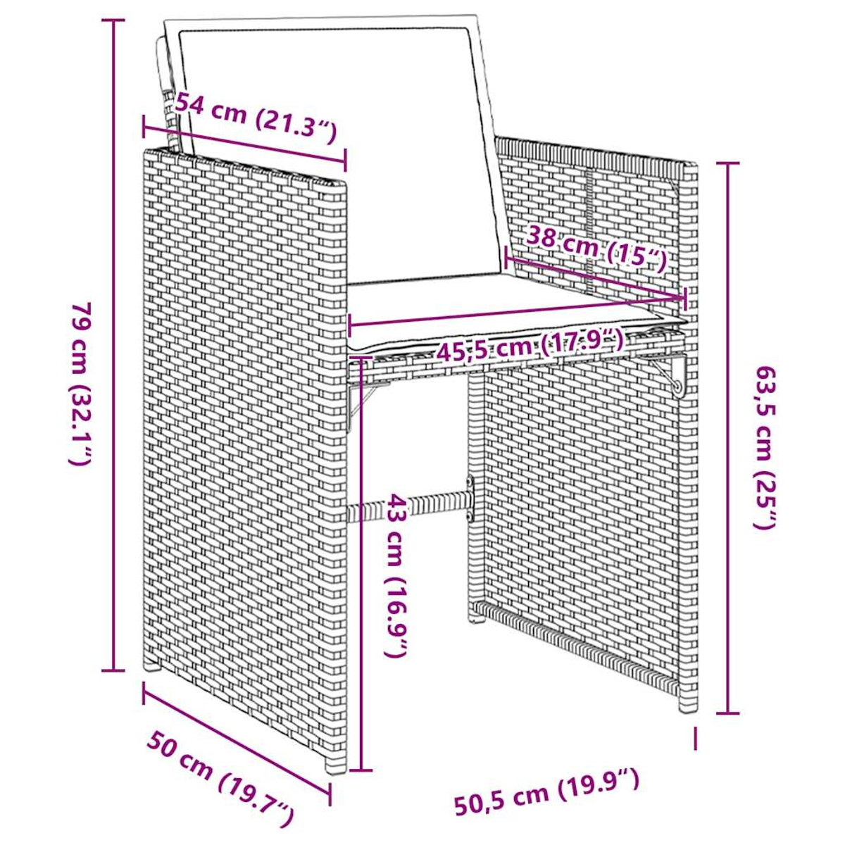 Diagramma di una sedia in vimini, dimensioni in centimetri indicate.