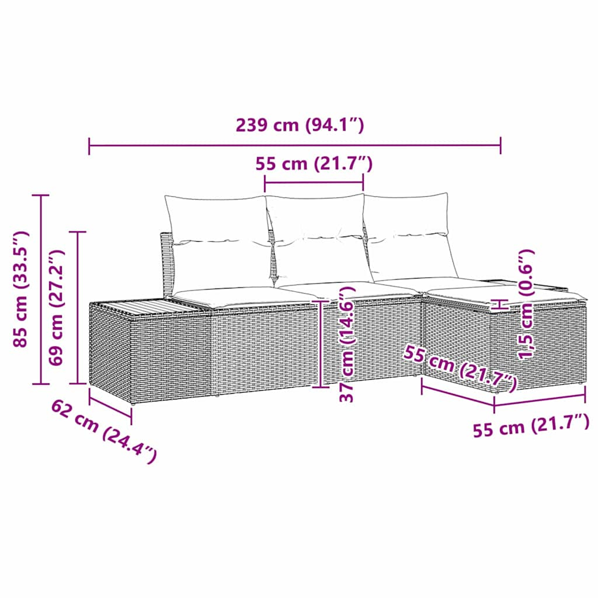 L-förmiges Outdoor-Sofa mit Maßen. Das Sofa hat drei Sitzkissen und eine Chaiselongue-Fläche.
