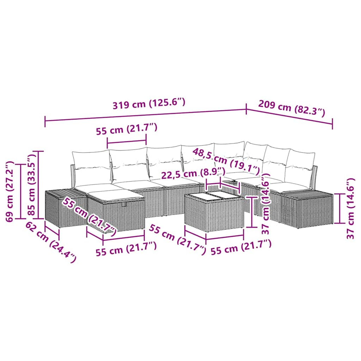 Gartenmöbel-Set mit großem L-Sofa, Tisch und Stuhl, mit Maßen.
