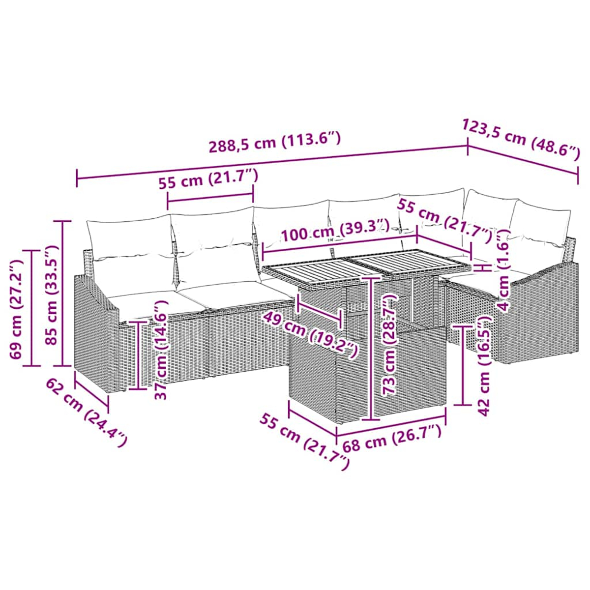 Gartenmöbel-Set mit L-Sofa, Tisch und Stuhl; alle Maße sind angezeigt.