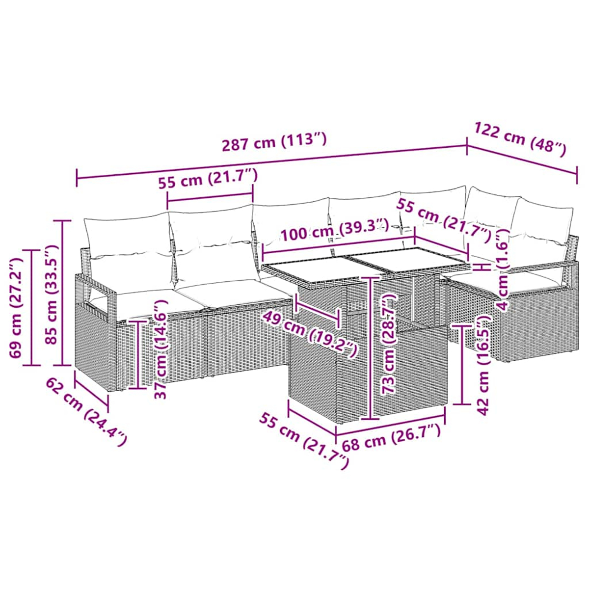 Gartenmöbel-Set mit L-Sofa, Tisch und Stuhl. Maße sind deutlich im Bild markiert.