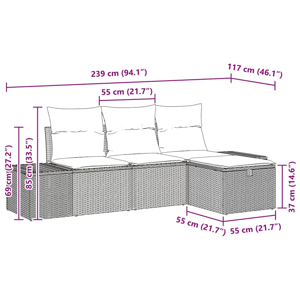 L-förmiges Outdoor-Sofa mit Maßen. Das Sofa hat drei Sitzkissen und einen Chaiselongue-Bereich.