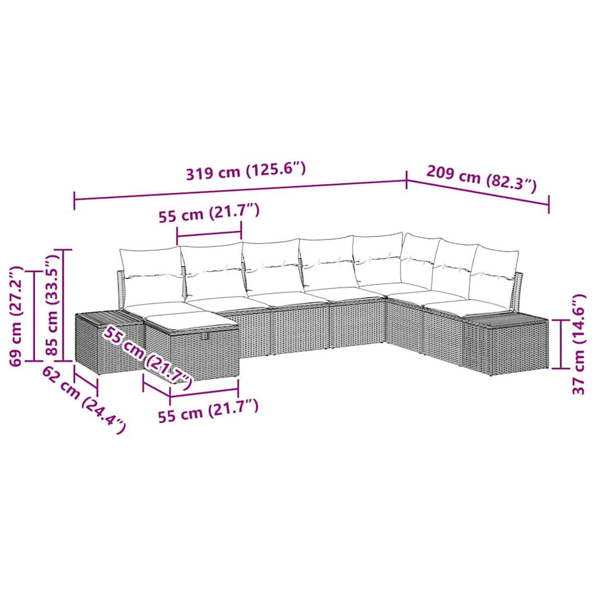 Geflochtenes Ecksofa mit Maßen, einschließlich eines Couchtisches.