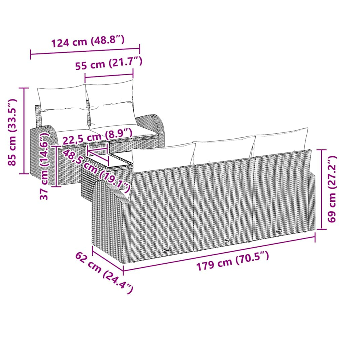 Outdoor-Sitzarrangement mit Sofa und Stuhl, Kissen und kleinem Tisch, mit Maßen.
