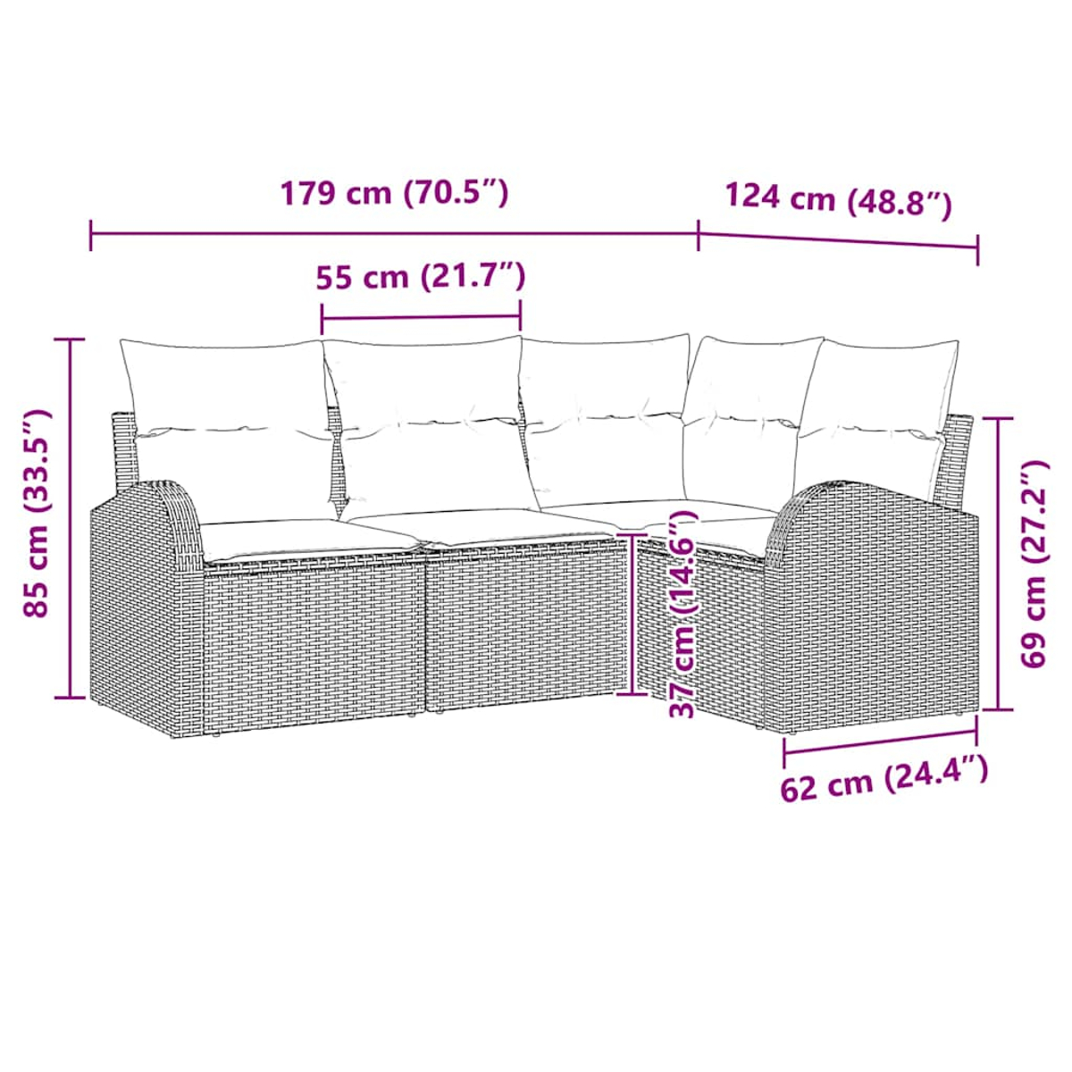 L-förmiges Outdoor-Sofa mit Maßen, zeigt Sitzkissen und Gesamtmaße in Zentimetern.