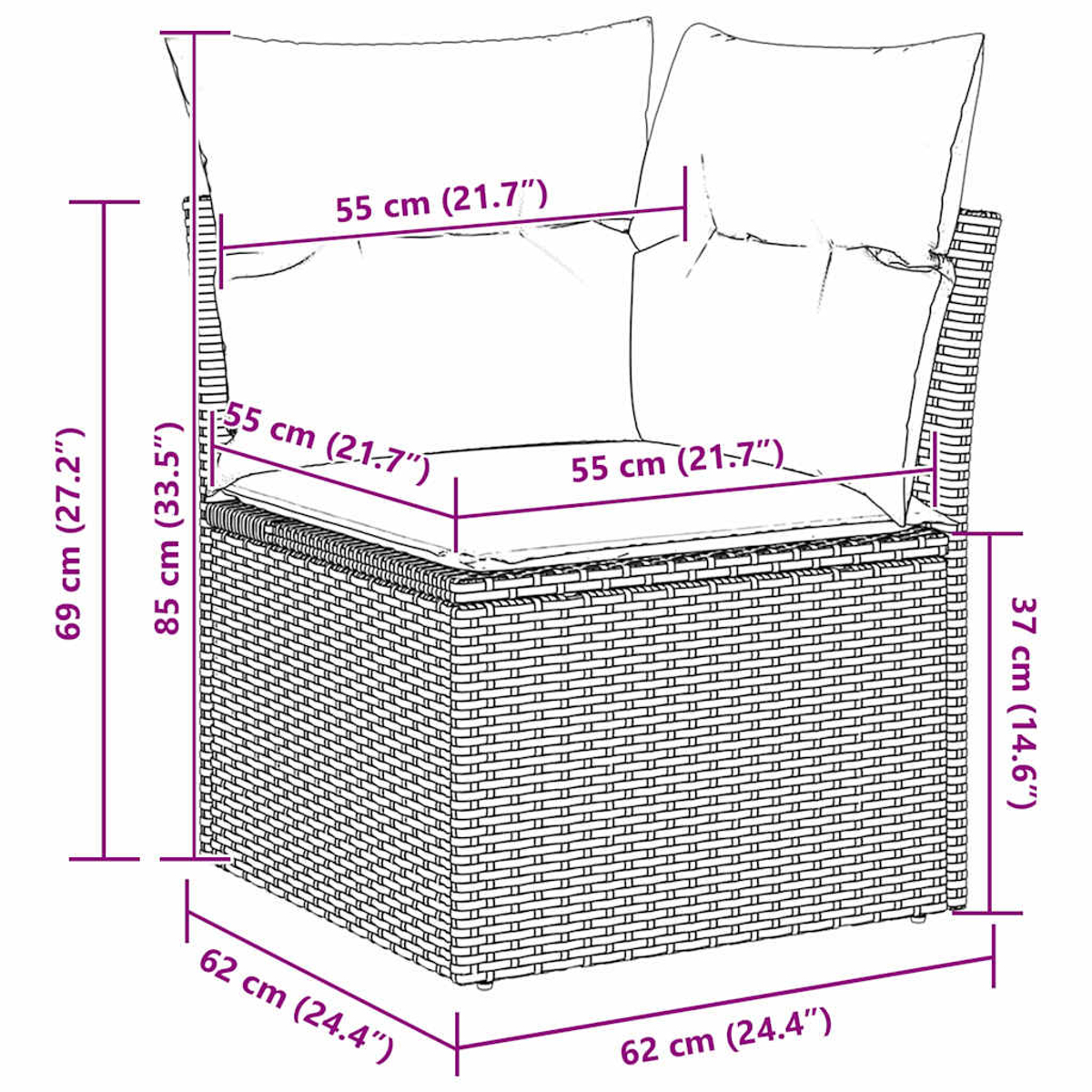 Einzelner Outdoor-Stuhl mit Kissen und Maßen; Messungen, Struktur und Größe hervorgehoben.